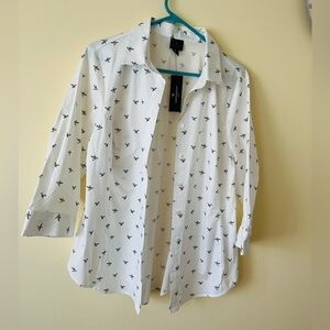 Worthington Bird Print Button Up Shirt Womens Size 1X Cotton Stretch White